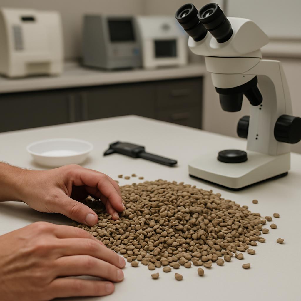 Un scientista manipular frutos en una mesa.