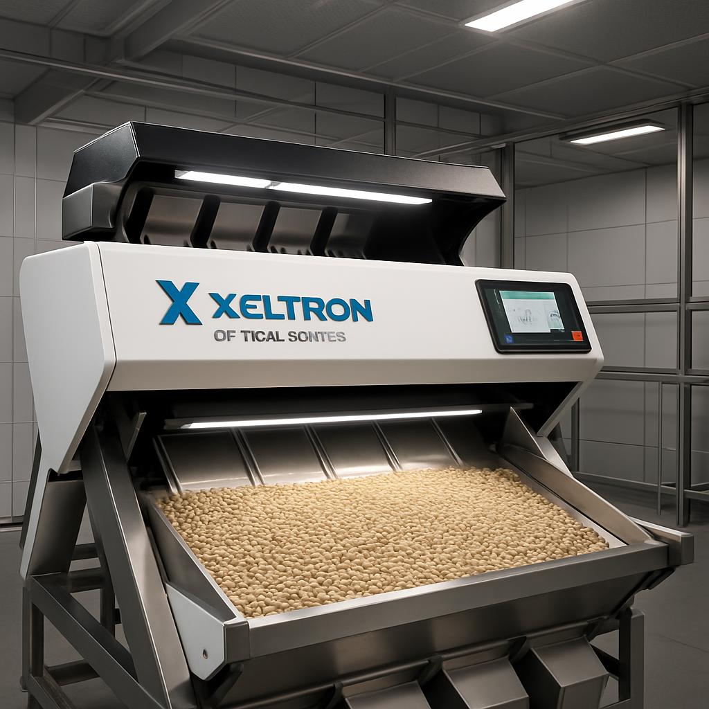 La imagen muestra una maquina de alto rendimiento para separar y pasar actividades de molido, con una caja de colores en d...