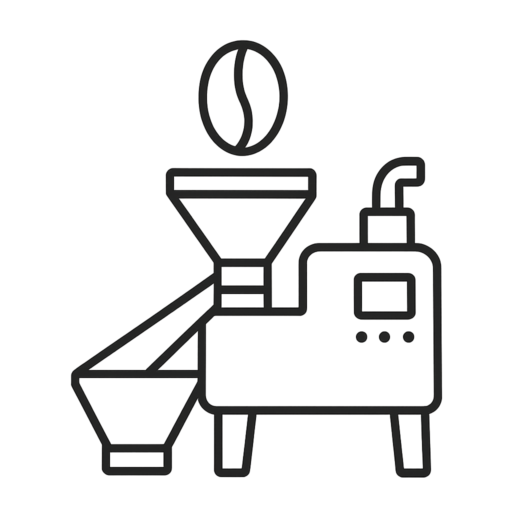 An icon of a coffee grinder with a coffee bean above it.